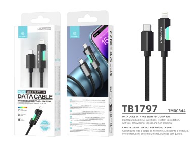 Techancy USB-C to Lightning Cable TB1797, 1 Meter/30 Watts, RGB Lights, Aluminum Braided, Compatible