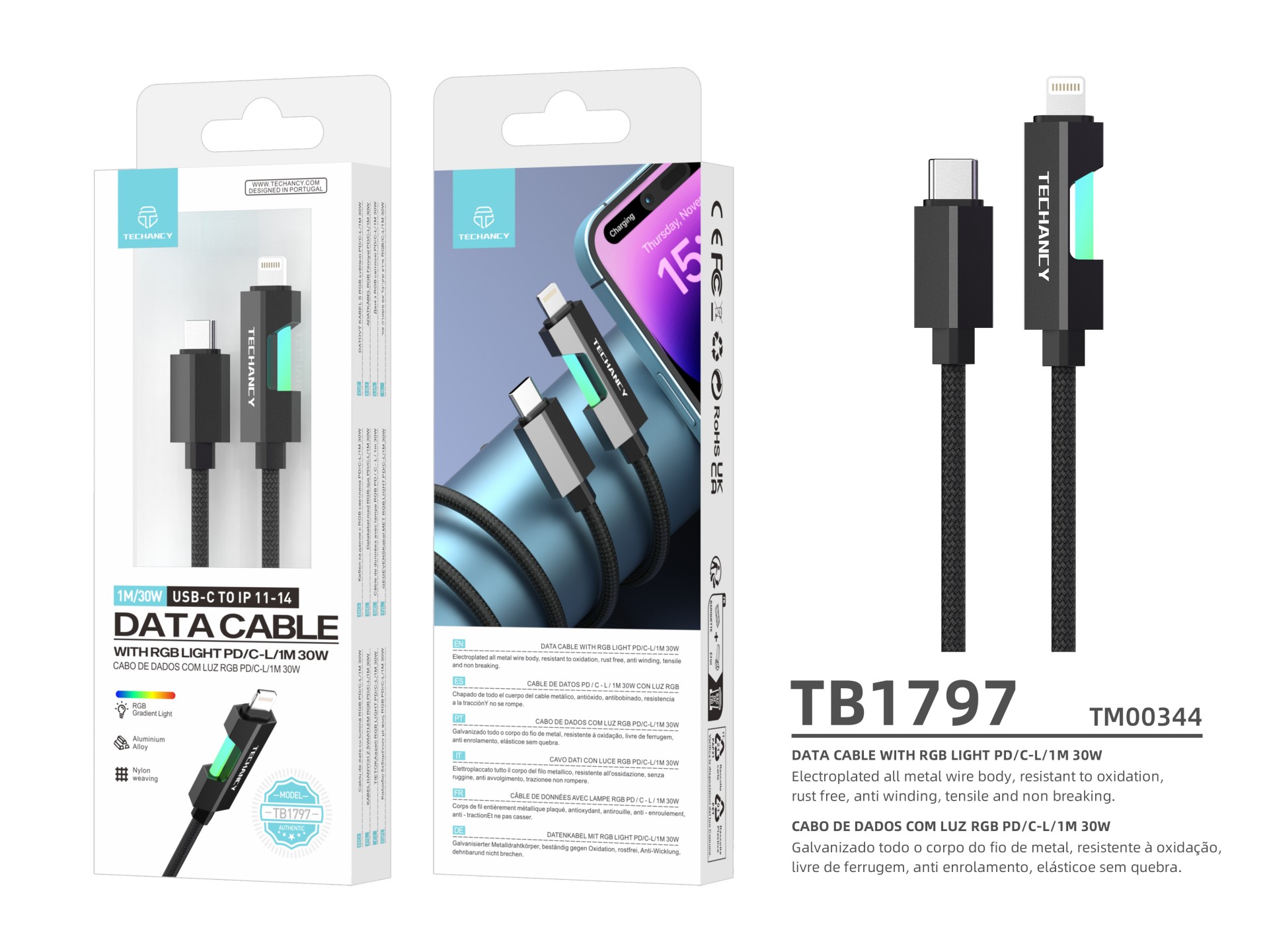 Techancy USB-C to Lightning Cable TB1797, 1 Meter/30 Watts, RGB Lights, Aluminum Braided, Compatible