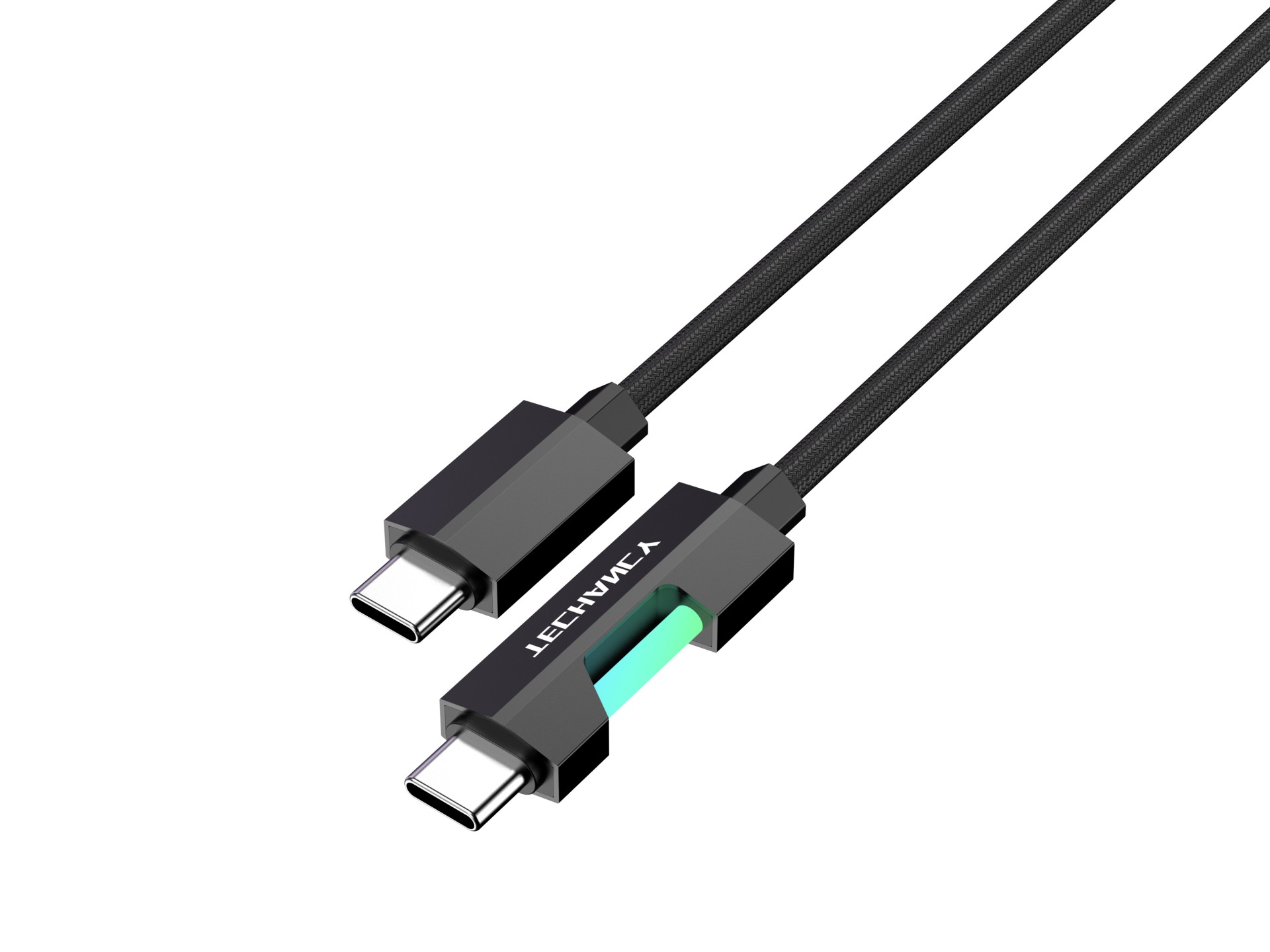 Cable de datos USB-C a USB-C Techancy TB1797, 1 m/60 W con luz RGB, trenzado de aluminio, negro