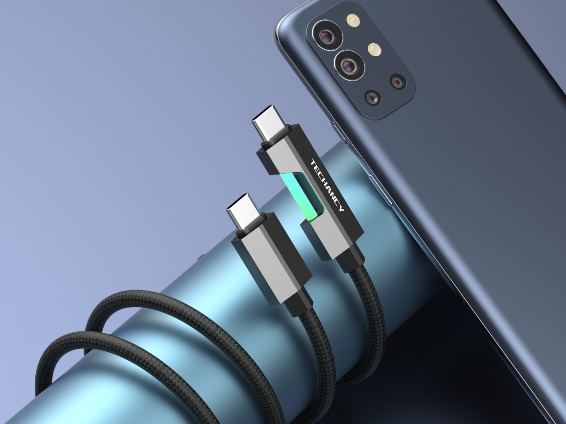 Techancy Cabo De Dados Usb-C Para Usb-C TB1797, 1m/60w Com Luz Rgb, Cabo Entrançado De Alumínio, Pre