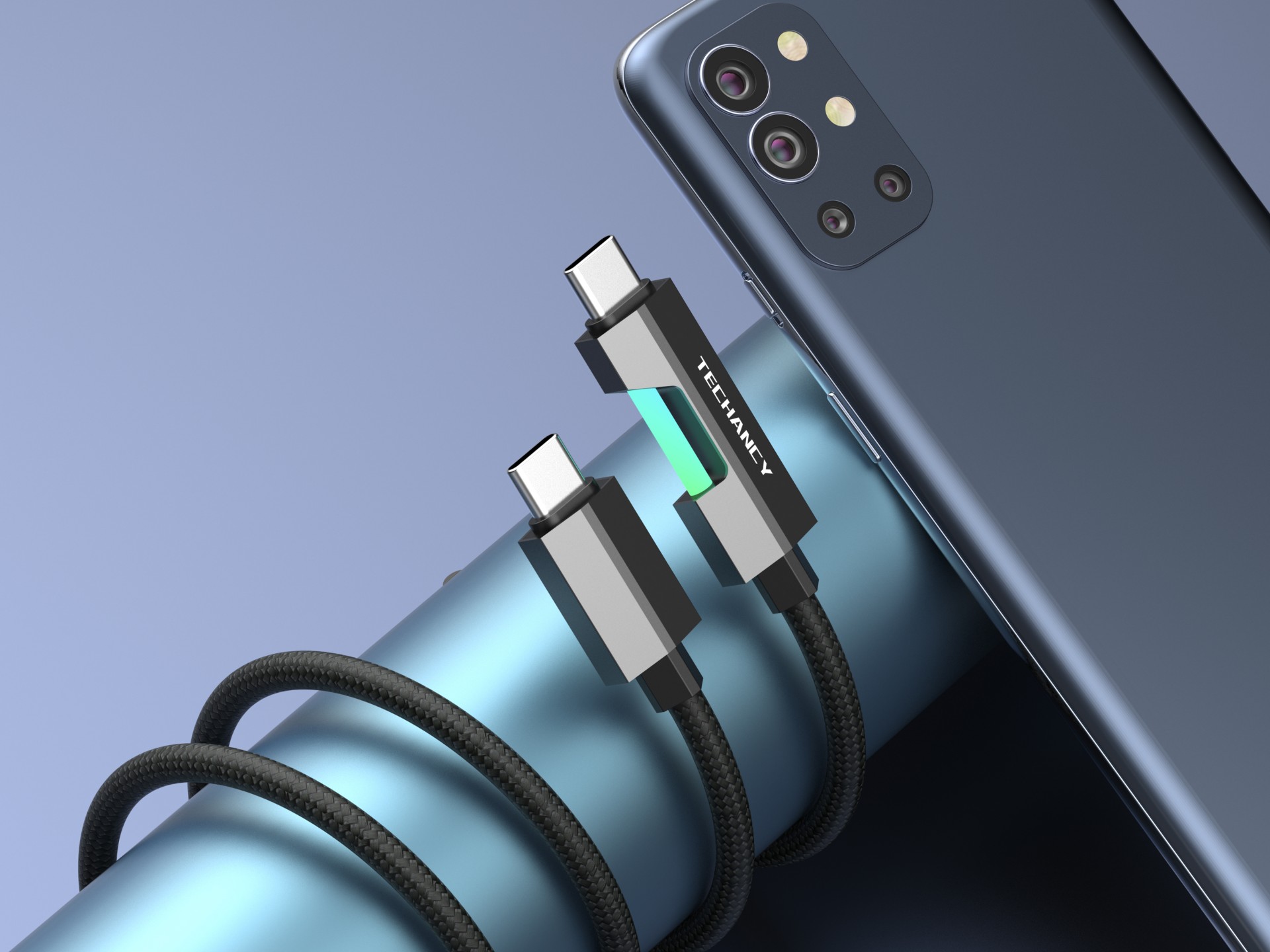 Cable de datos USB-C a USB-C Techancy TB1797, 1 m/60 W con luz RGB, trenzado de aluminio, negro