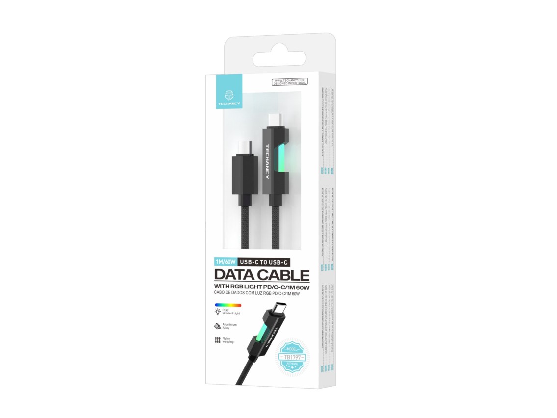 Techancy Cabo De Dados Usb-C Para Usb-C TB1797, 1m/60w Com Luz Rgb, Cabo Entrançado De Alumínio, Pre