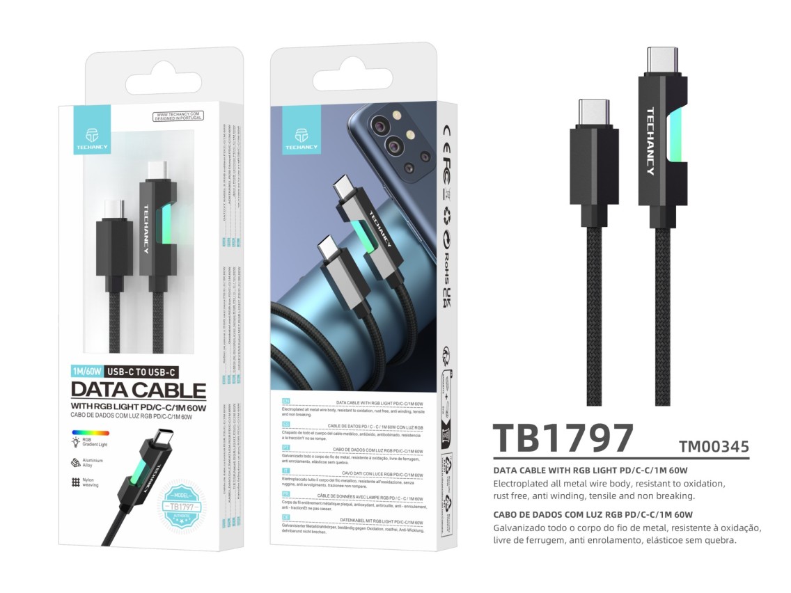 Techancy Cabo De Dados Usb-C Para Usb-C TB1797, 1m/60w Com Luz Rgb, Cabo Entrançado De Alumínio, Pre