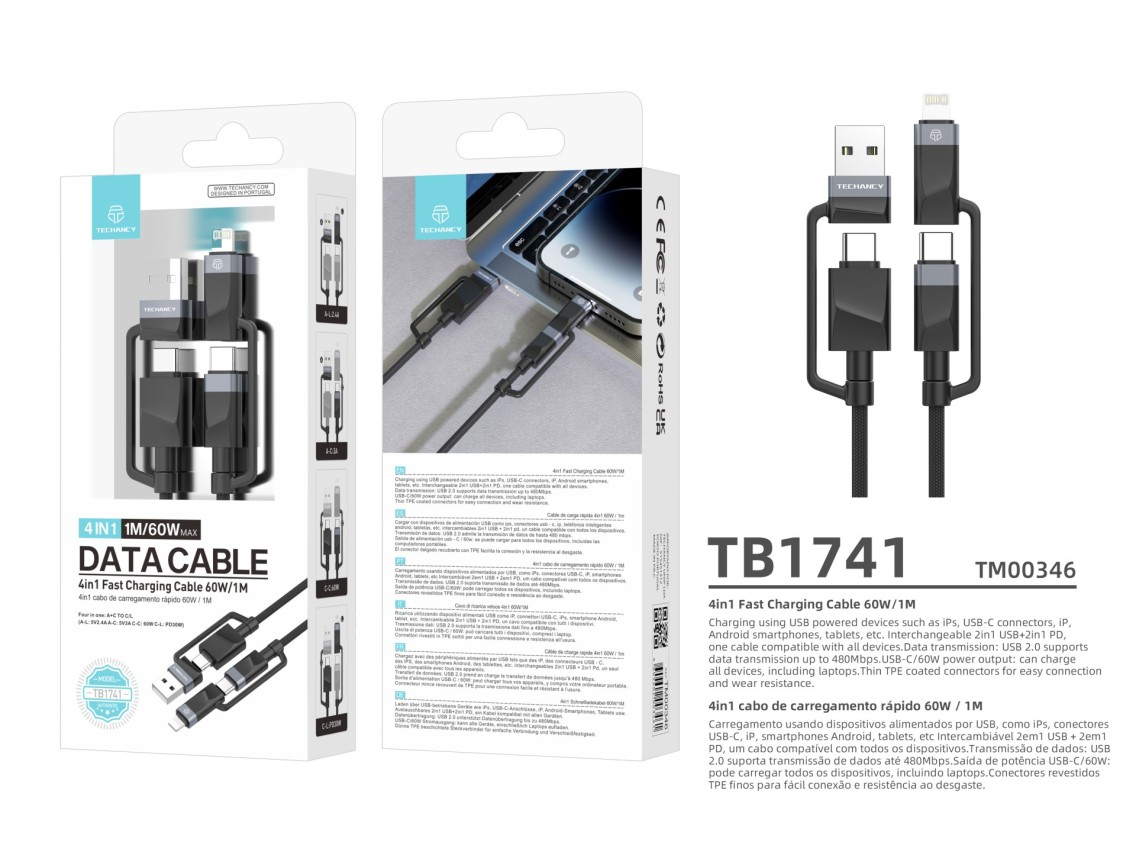 Techancy Cabo De Dados De Carregamento R�pido 4in1 Preto TB1741, 1m/60w, Combina��o De V�rias Portas