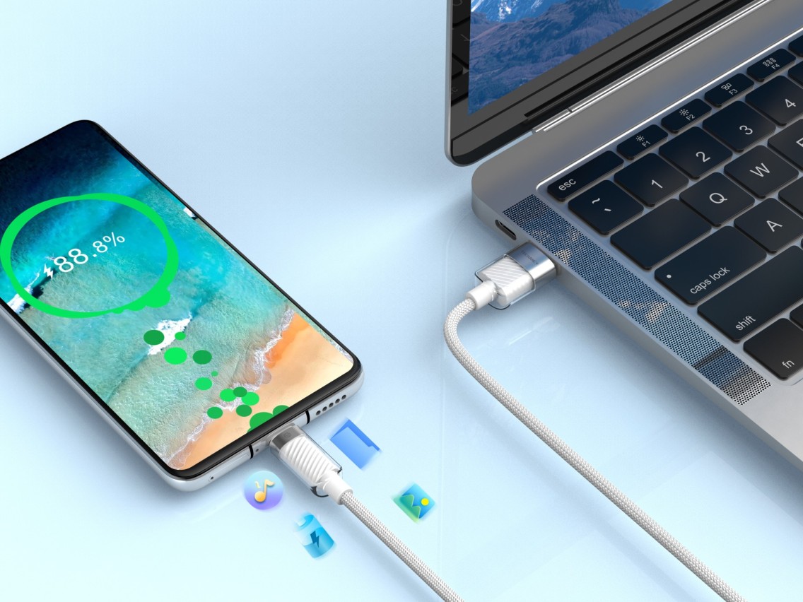 Techancy USB Type-C Data Cable 1m/3A White TV1780 for Fast Charging of Smartphones, Tablets and Lapt