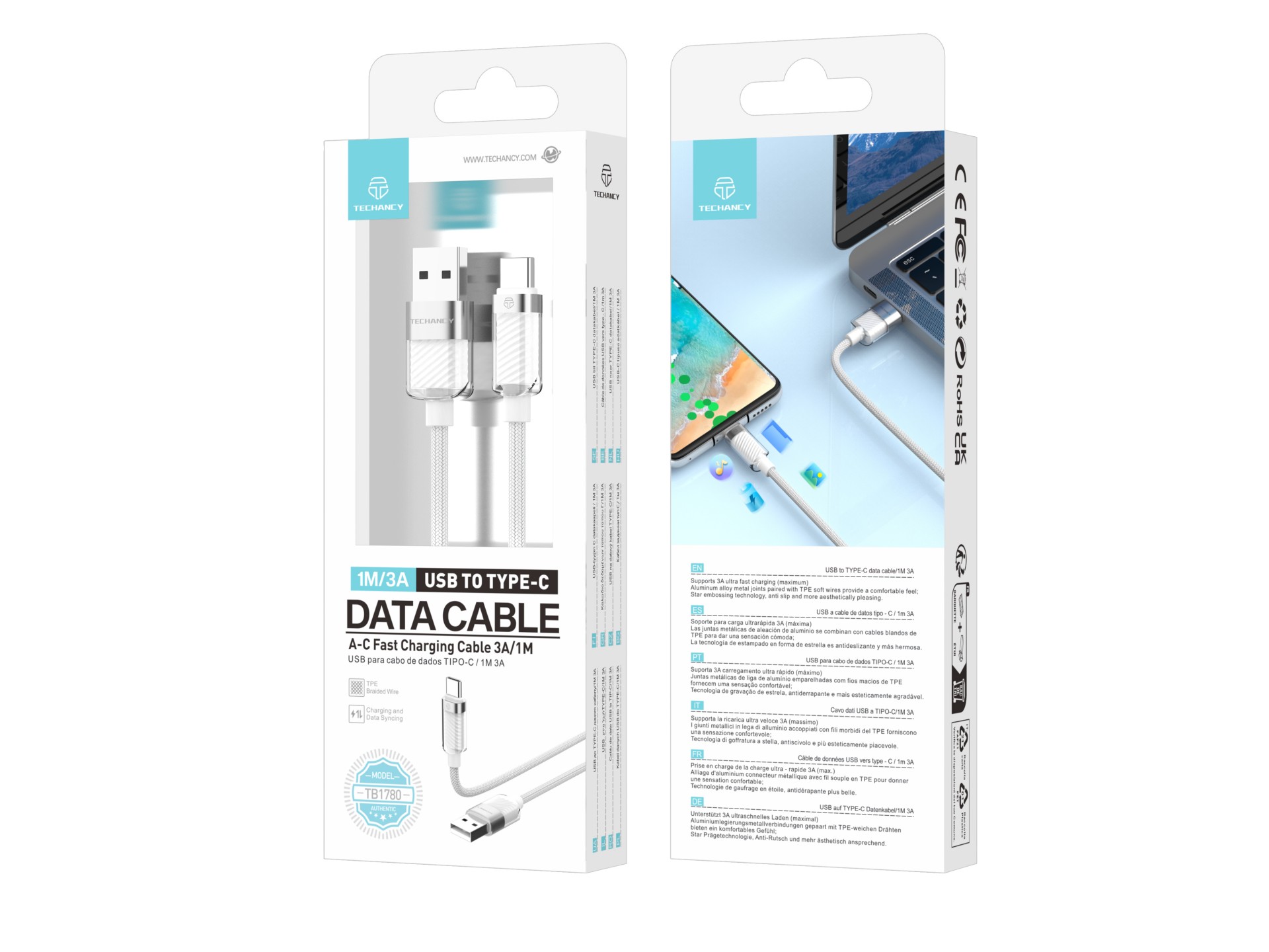 Techancy USB Type-C Data Cable 1m/3A White TV1780 for Fast Charging of Smartphones, Tablets and Lapt