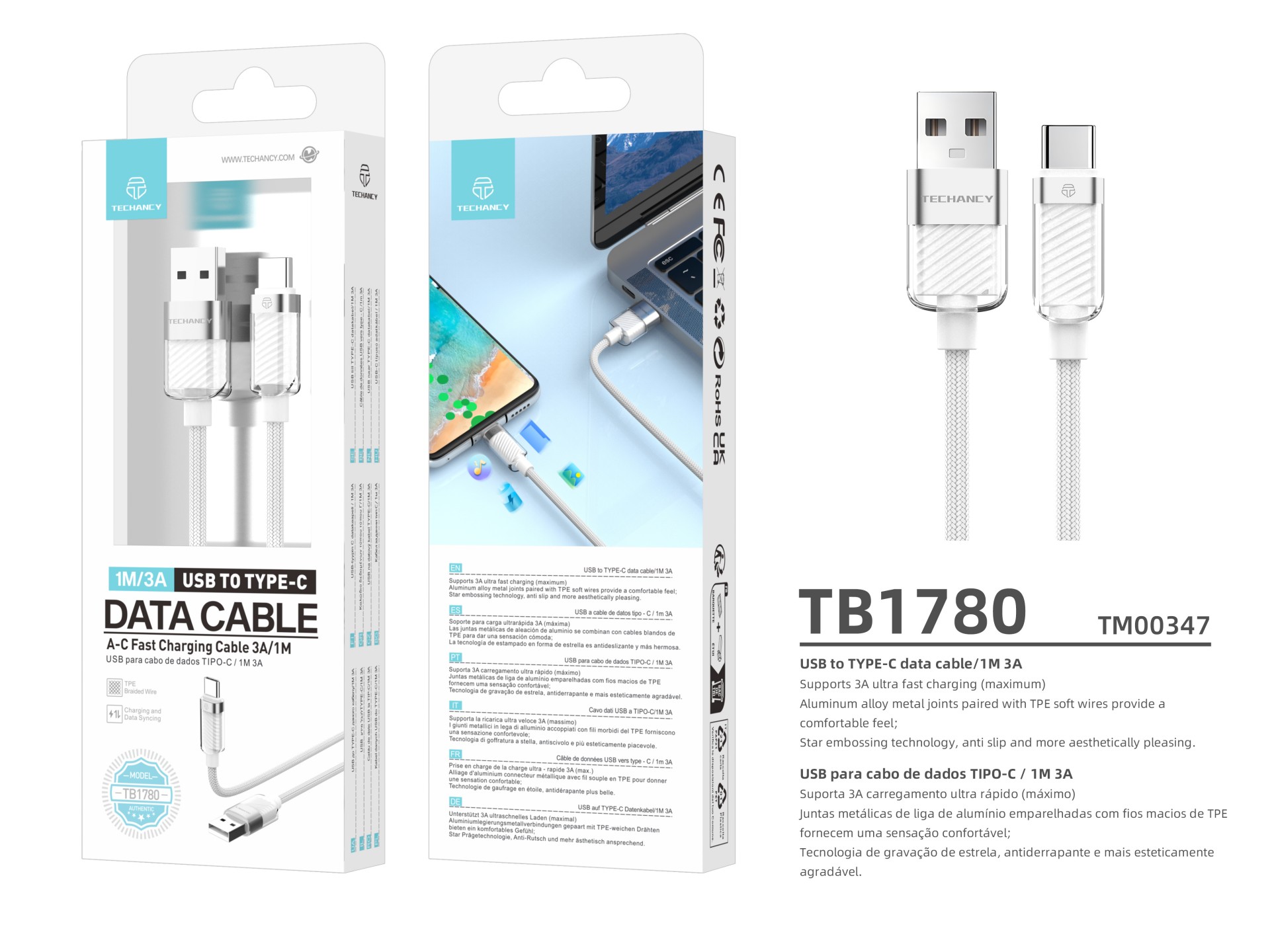 Techancy USB Type-C Data Cable 1m/3A White TV1780 for Fast Charging of Smartphones, Tablets and Lapt