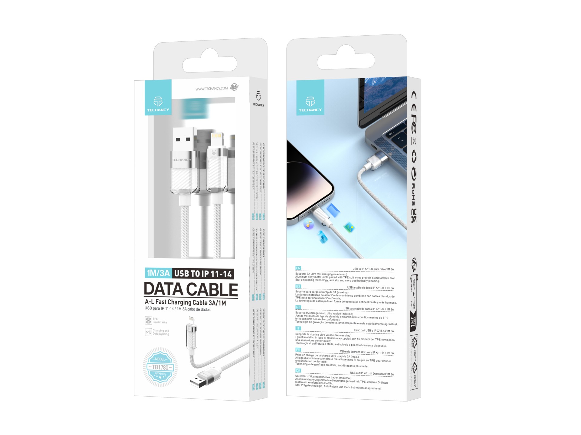 Techancy Cabo De Dados Ip 11-14/Usb 1m/3A Branco TB1780, Compatível Com Iphone/Ipad Carregamento Ráp