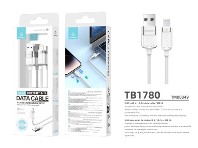 Techancy IP 11-14/USB Data Cable 1m/3A White TB1780, Compatible with iPhone/iPad Fast Charging and D Techancy IP 11-14/USB Data Cable 1m/3A White TB1780, Compatible with iPhone/iPad Fast Charging and D