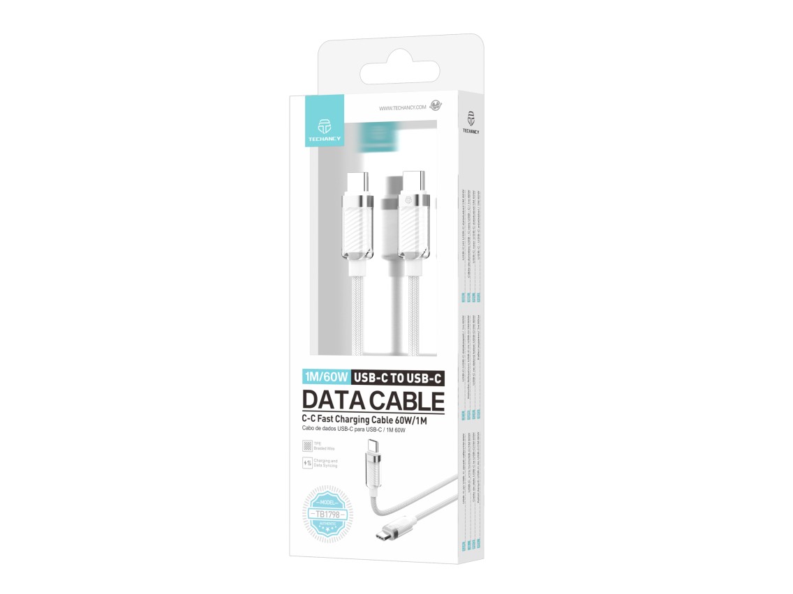 Cable de datos USB-C a USB-C Techancy de 1 m/60 W, blanco TB1798, para cargar smartphones, tablets y