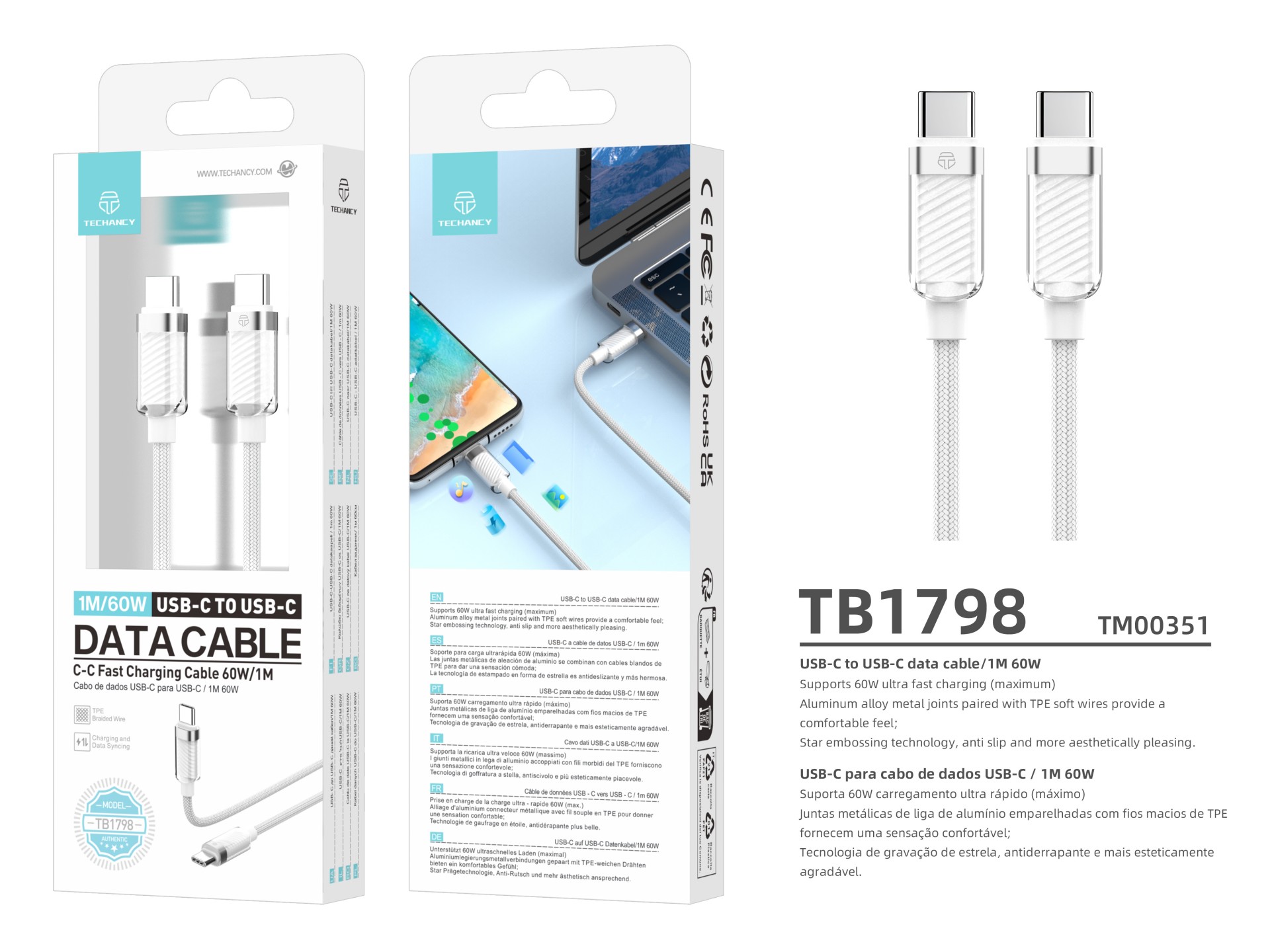 Cable de datos USB-C a USB-C Techancy de 1 m/60 W, blanco TB1798, para cargar smartphones, tablets y