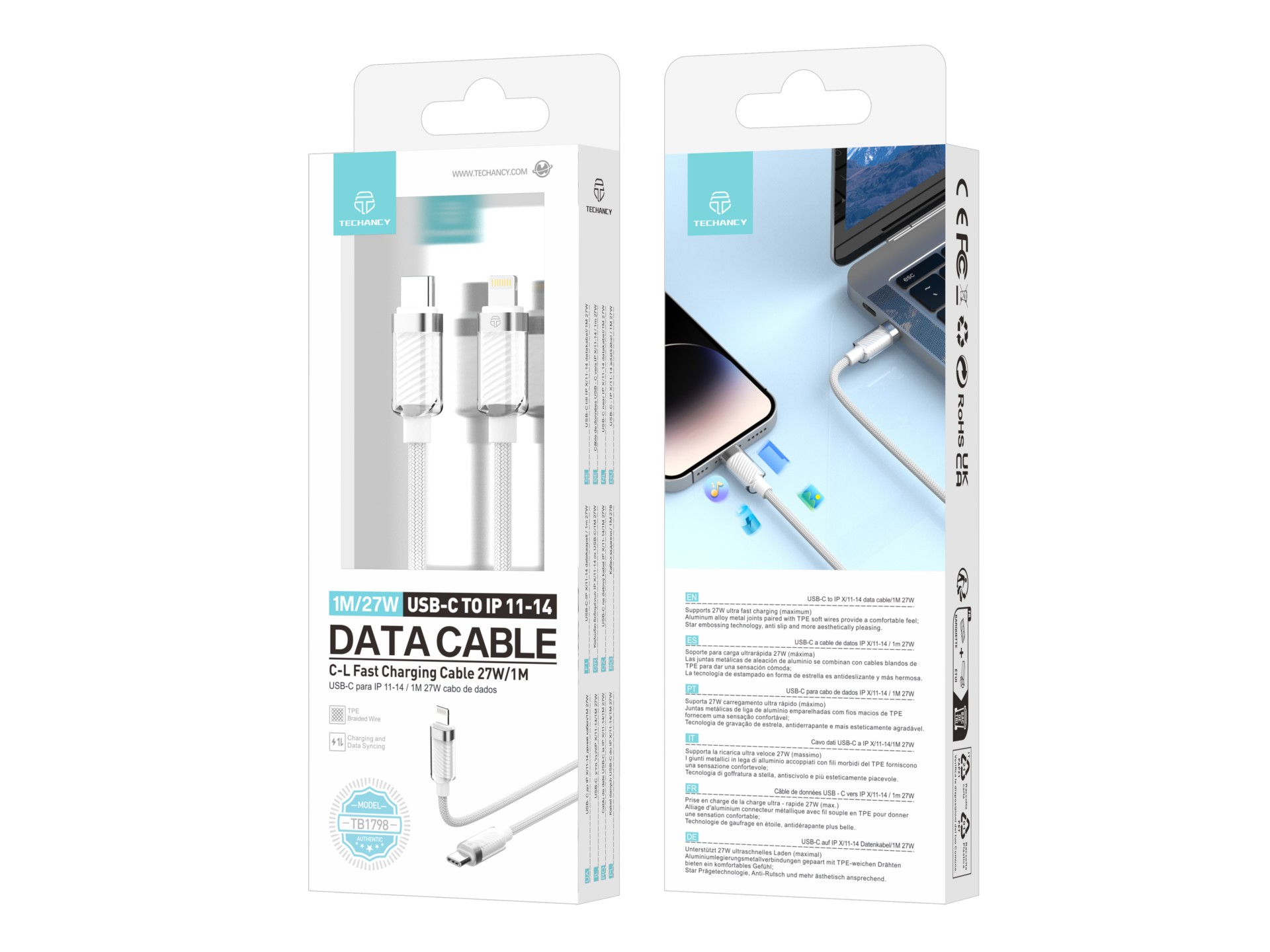 Techancy Cabo Usb-C Para Ip 11-14 Cabo De Dados 1m/27w Branco TB1798, Compatível Com Iphone/Ipad Car