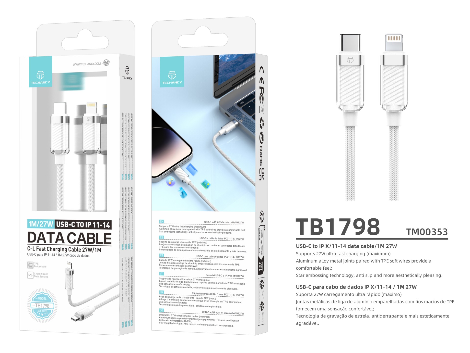 Techancy Cabo Usb-C Para Ip 11-14 Cabo De Dados 1m/27w Branco TB1798, Compatível Com Iphone/Ipad Car