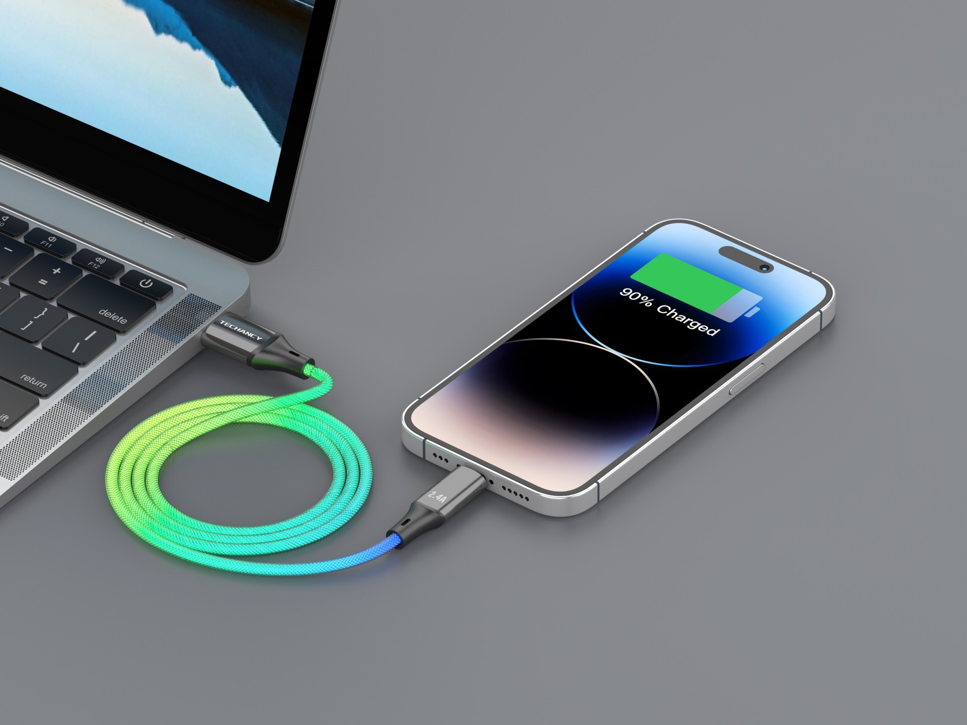 Techancy 1M Data Cable TB1781, USB-IP8/X/11-14, RGB Lighting Effect, 2.4A Charging, High-Speed Trans