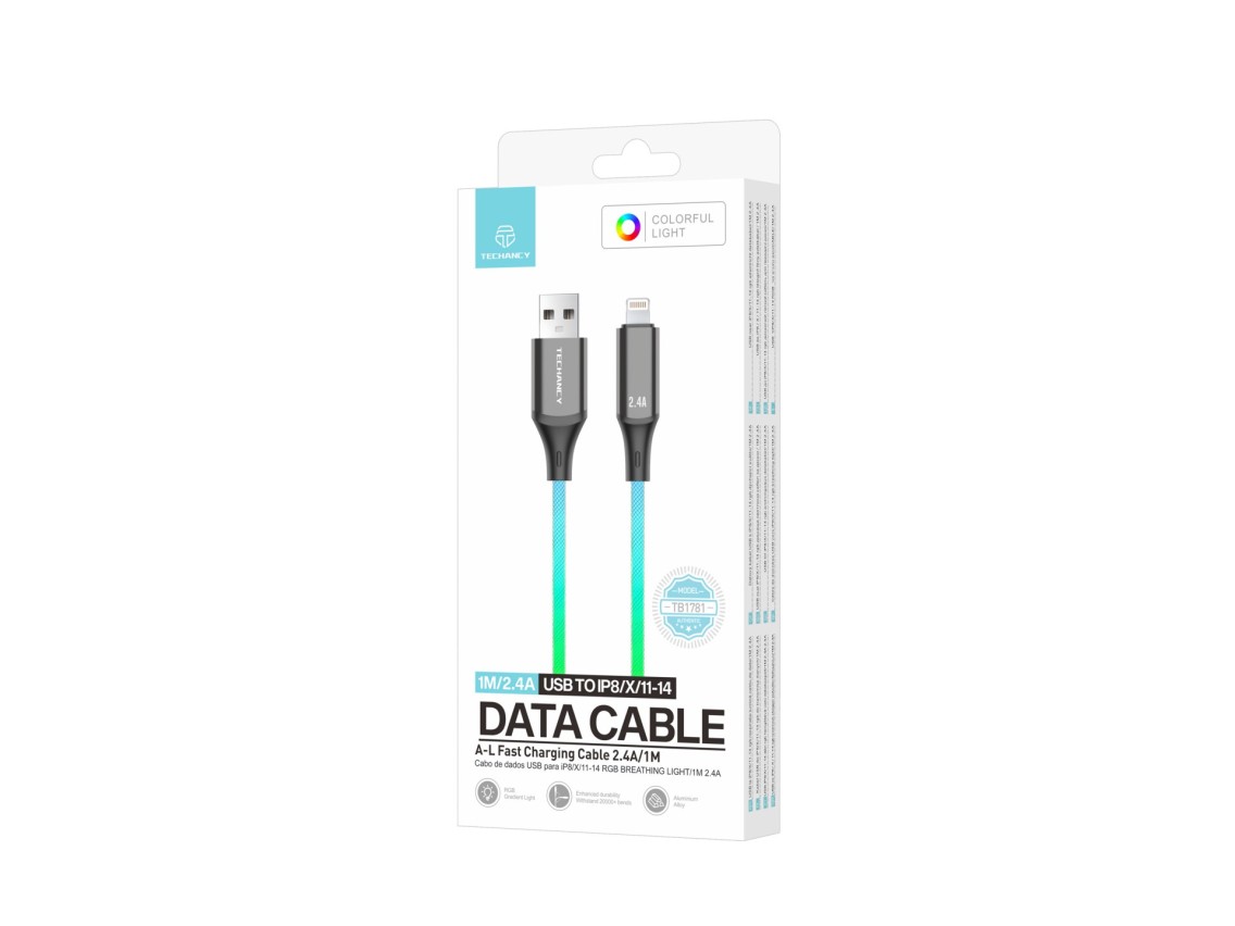 Techancy Cabo De Dados De 1m TB1799, Usb-C Para Ip11-14, Efeitos De Iluminação Rgb, Carregamento Ráp