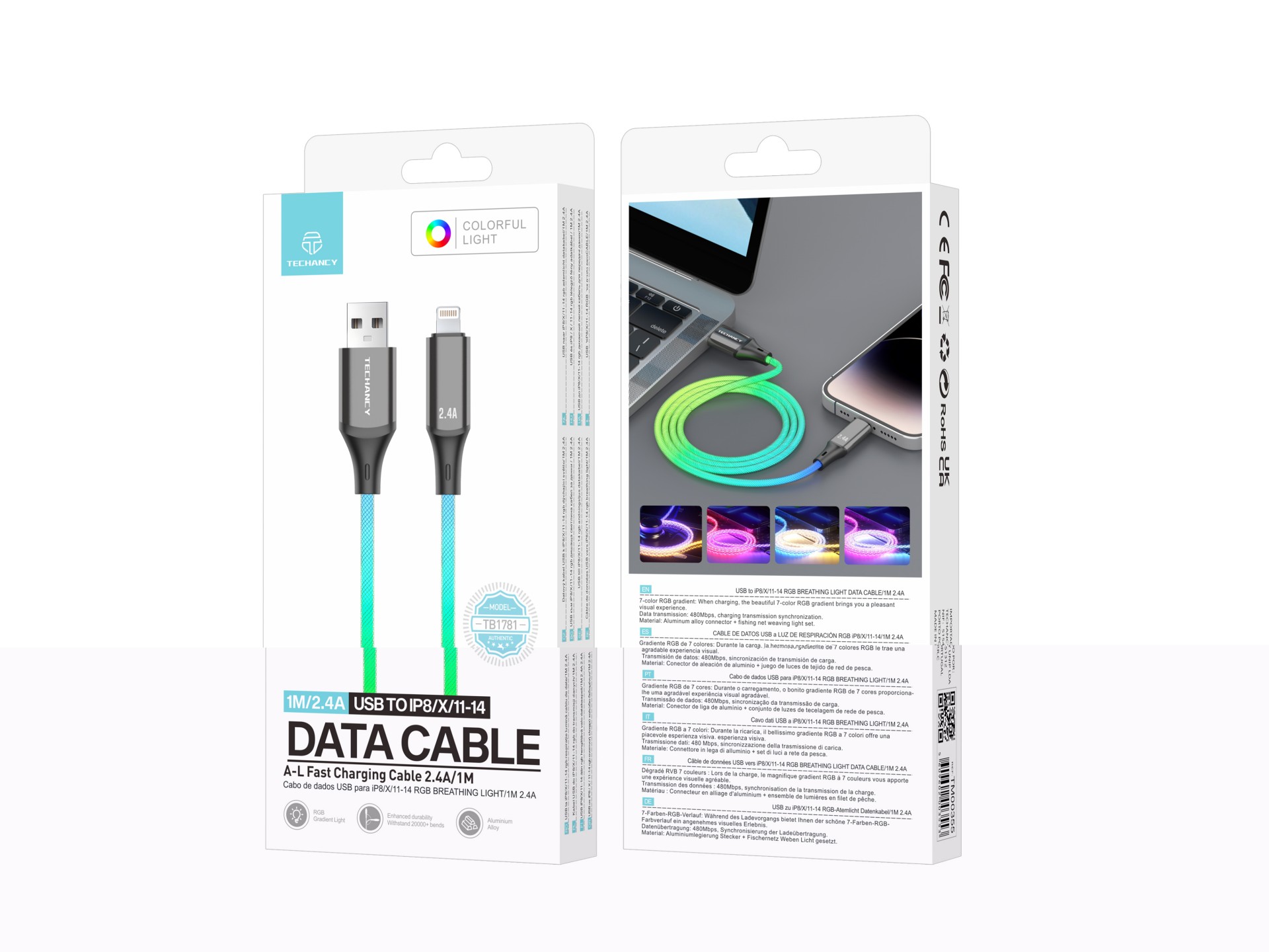 Techancy 1M Data Cable TB1781, USB-IP8/X/11-14, RGB Lighting Effect, 2.4A Charging, High-Speed Trans