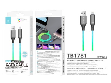 Techancy 1m Data Cable TB1799, USB-C to IP11-14, RGB Lighting Effects, 27W Fast Charging.