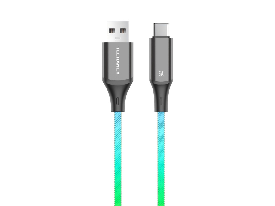 Cable de datos Techancy de 1 m TB1799, USB-C a USB-C, efectos de iluminación RGB, carga rápida de 27