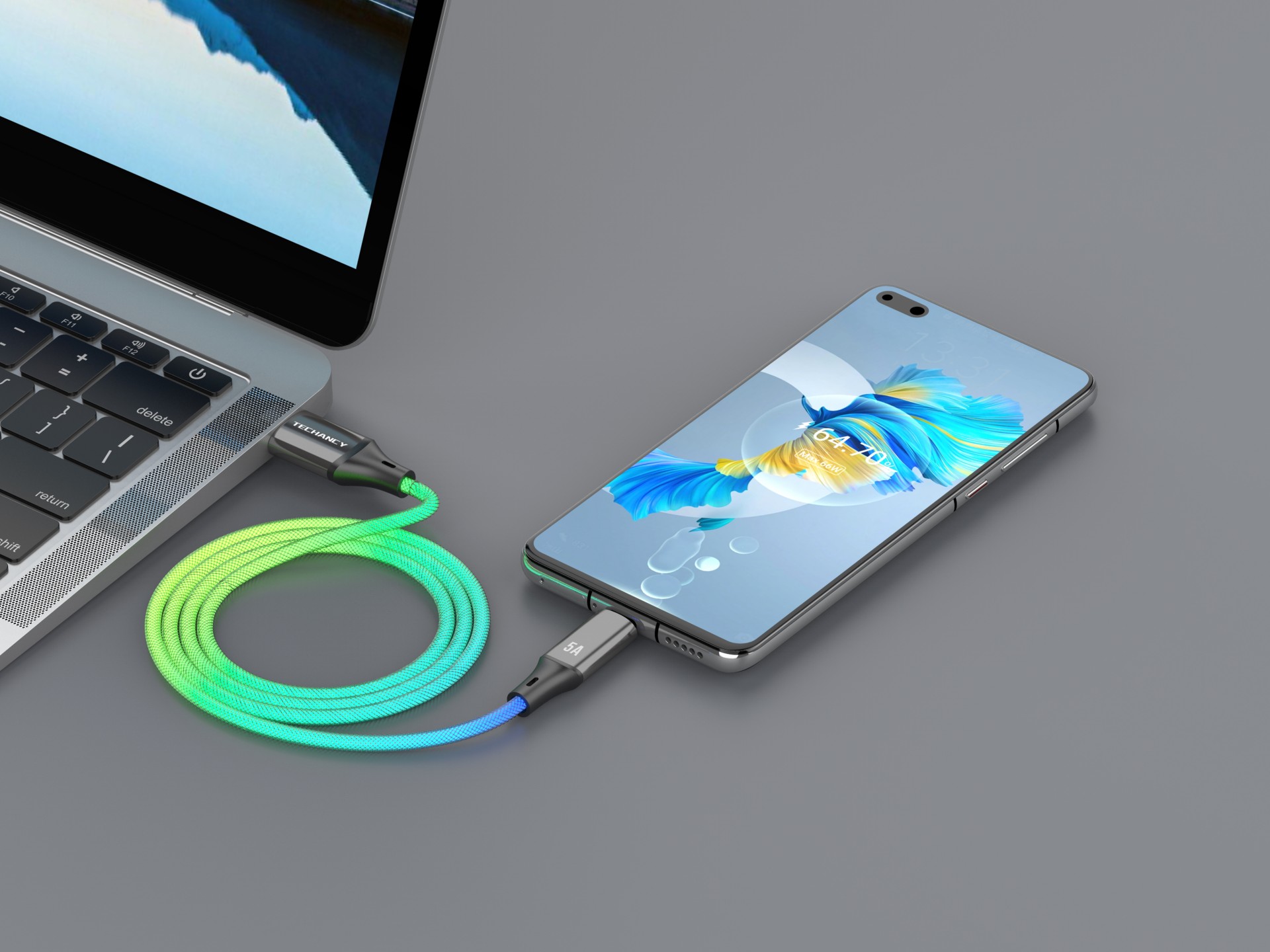Cable de datos Techancy de 1 m TB1799, USB-C a USB-C, efectos de iluminación RGB, carga rápida de 27