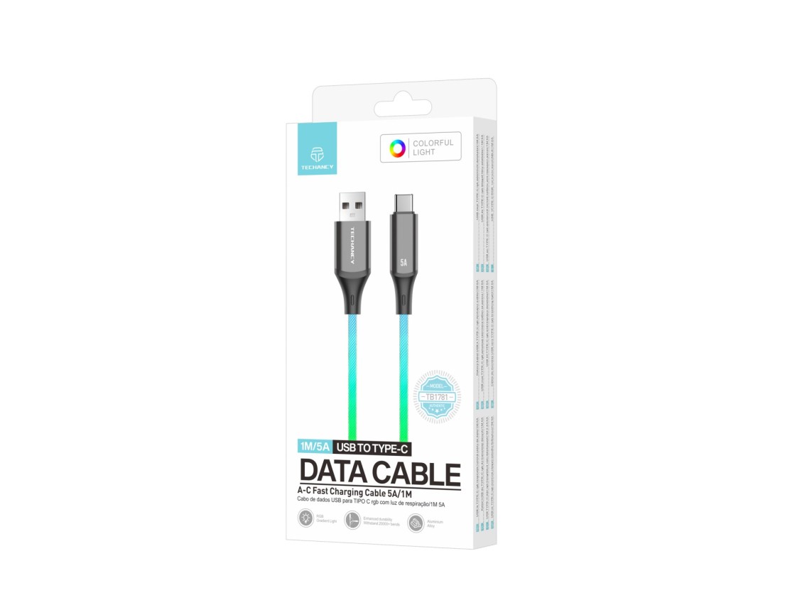 Cable de datos Techancy de 1 m TB1799, USB-C a USB-C, efectos de iluminación RGB, carga rápida de 27