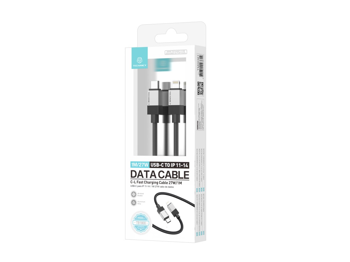 Techancy Cabo de Dados PD TB1800, 27W, 1m Preto, USB-C para Lightning, Conector de Liga de AlumInio,