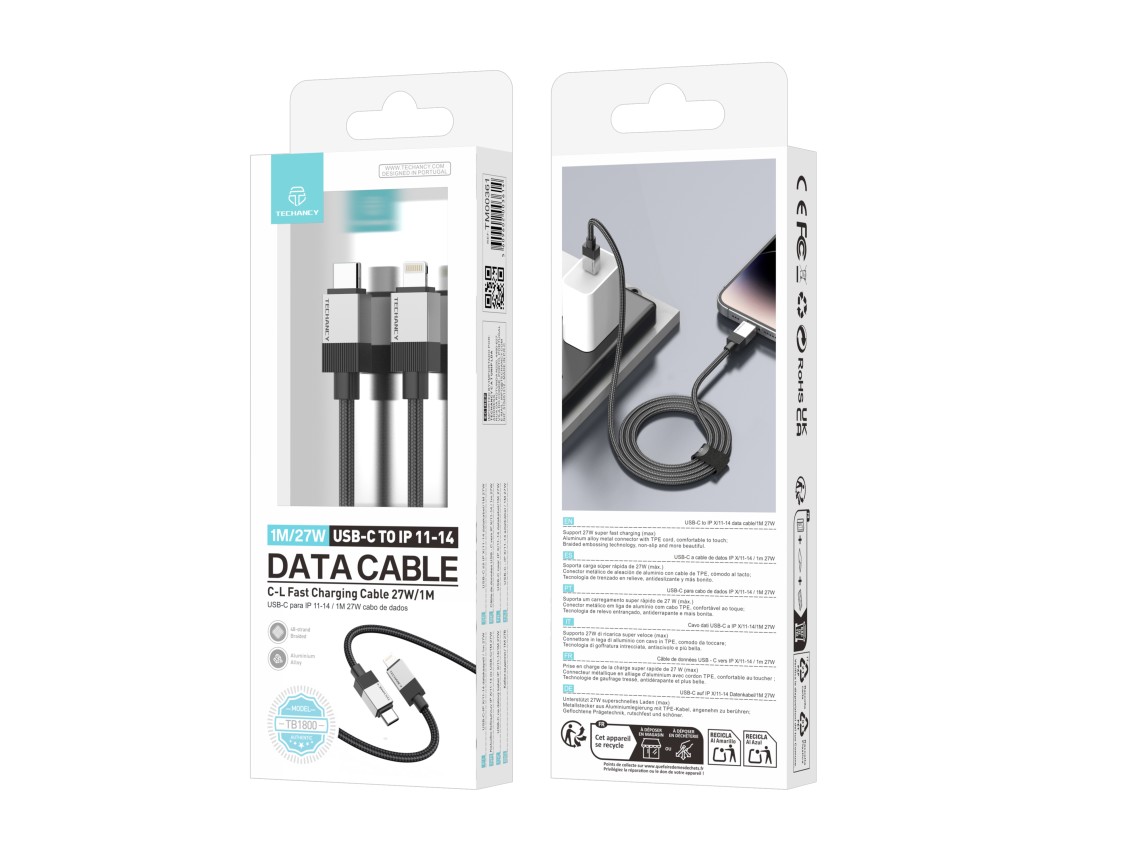 Techancy Cabo de Dados PD TB1800, 27W, 1m Preto, USB-C para Lightning, Conector de Liga de AlumInio,