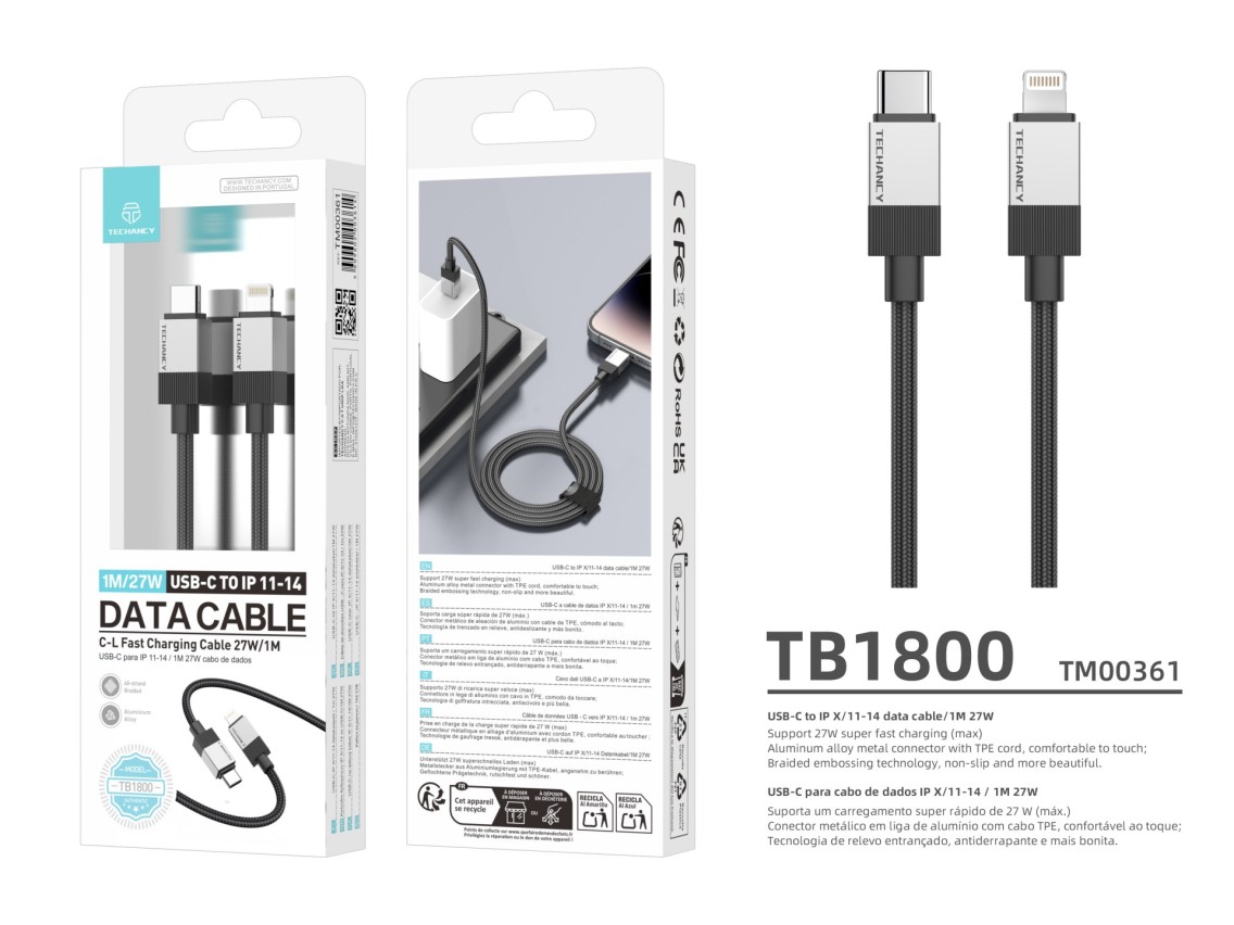 Techancy Cabo de Dados PD TB1800, 27W, 1m Preto, USB-C para Lightning, Conector de Liga de AlumInio,