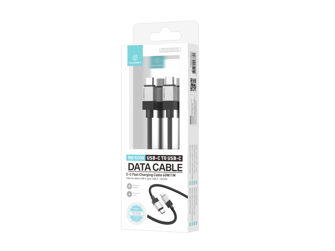Techancy PD Data Cable TB1800, 60W, 1m Black, USB-C to USB-C, Aluminum Alloy Connector, Locked Desig