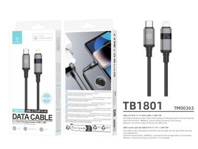 Cable USB-C a Lightning Techancy TB1801, 27 W, 1,5 m, negro, pantalla LED, conector de aluminio, cab