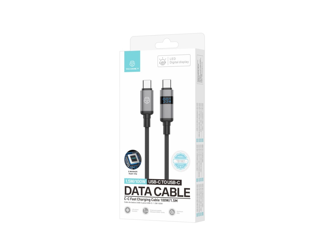 Techancy USB-C to USB-C Cable TB1801, 100W, 1.5m Black, LED Power Display, Aluminum Connector, Braid