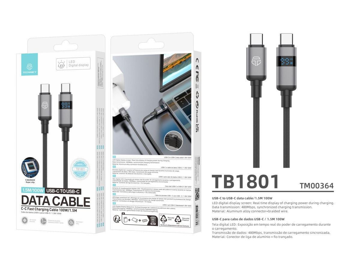 Techancy USB-C to USB-C Cable TB1801, 100W, 1.5m Black, LED Power Display, Aluminum Connector, Braid