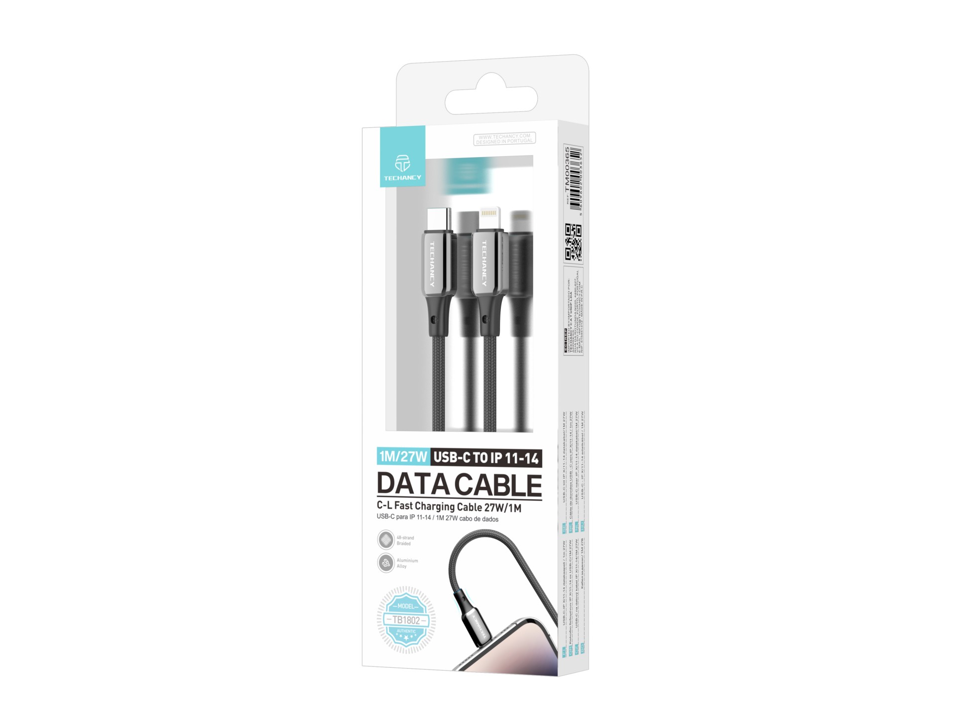 Techancy Cabo USB-C para Lightning TB1802, 27W, 1m Preto, Conector de AlumInio, Design Antiderrapant