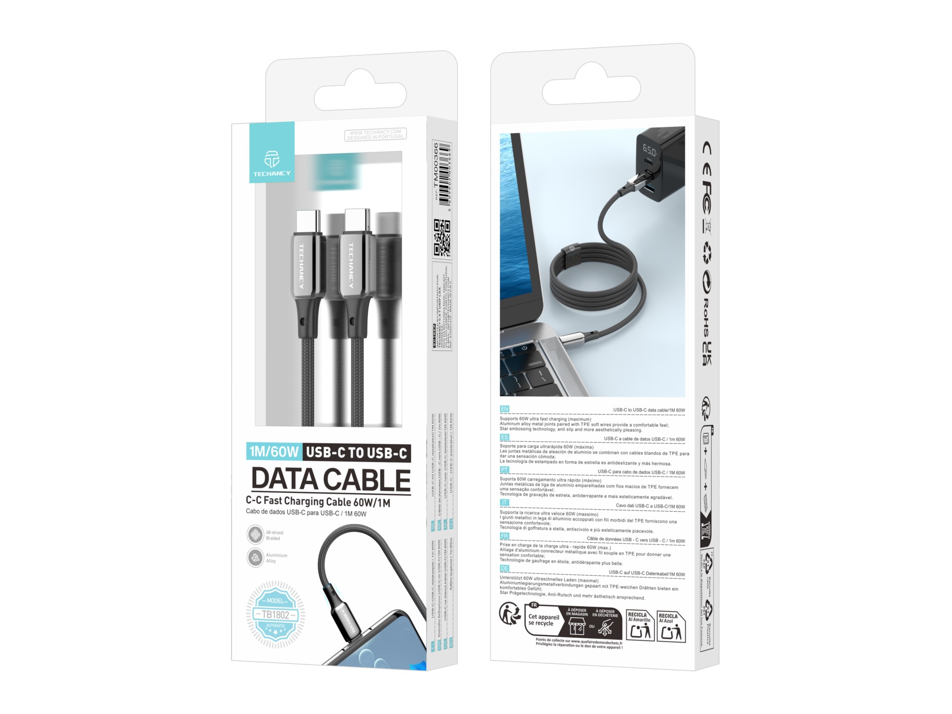 Techancy Cabo USB-C para USB-C TB1802, 60W, 1m Preto, Conector de AlumInio, Design Antiderrapante, T