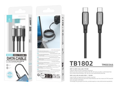 Cable USB-C a USB-C Techancy TB1802, 60 W, 1 m, negro, conector de aluminio, diseño antidesliza
