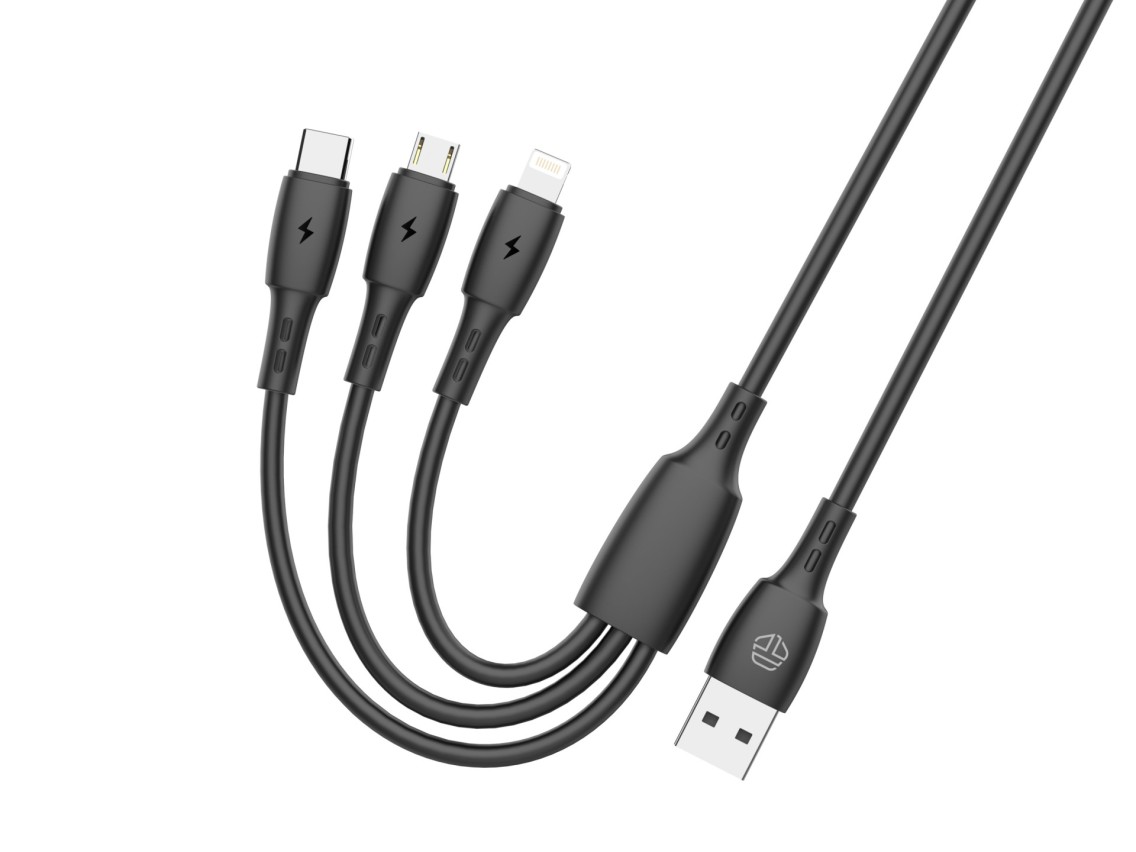 Techancy Cabo 3 em 1 TB1742, 2.4A, 1m Preto, USB-C/Micro/Lightning, CompatIvel com Dispositivos Dive