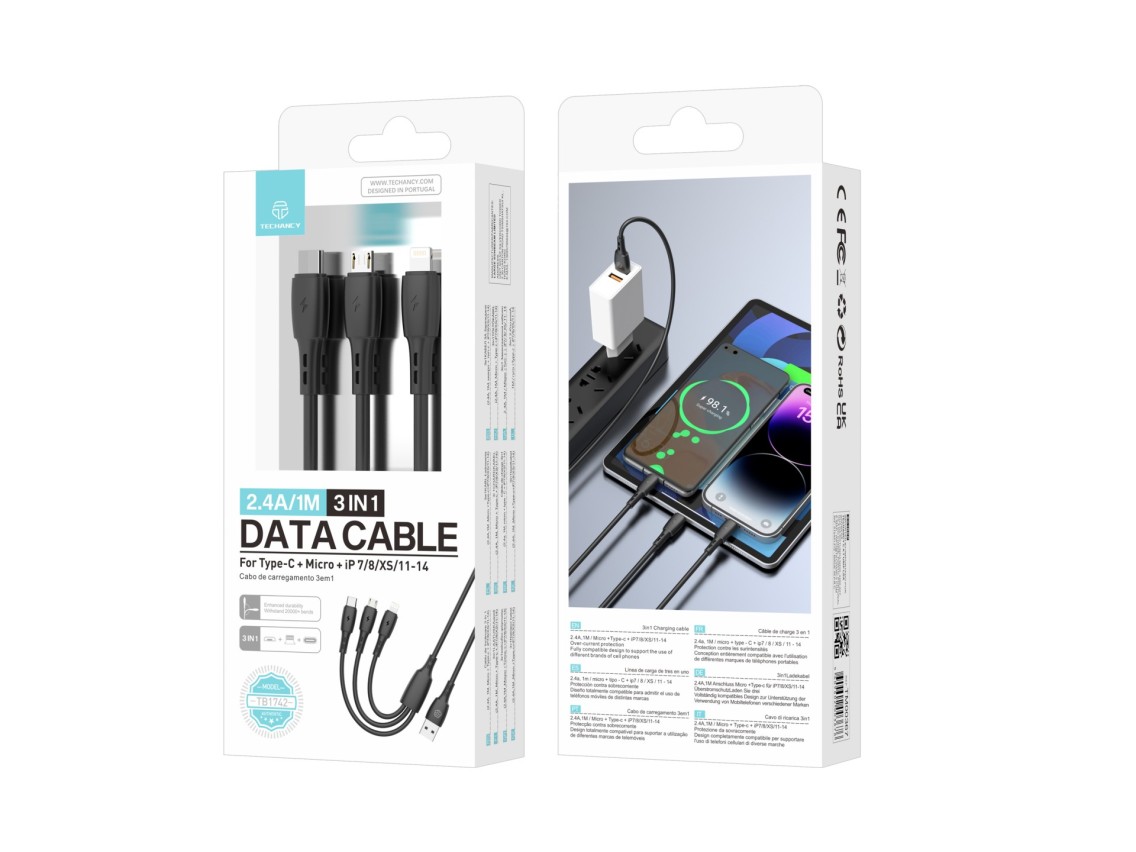Techancy Cabo 3 em 1 TB1742, 2.4A, 1m Preto, USB-C/Micro/Lightning, CompatIvel com Dispositivos Dive