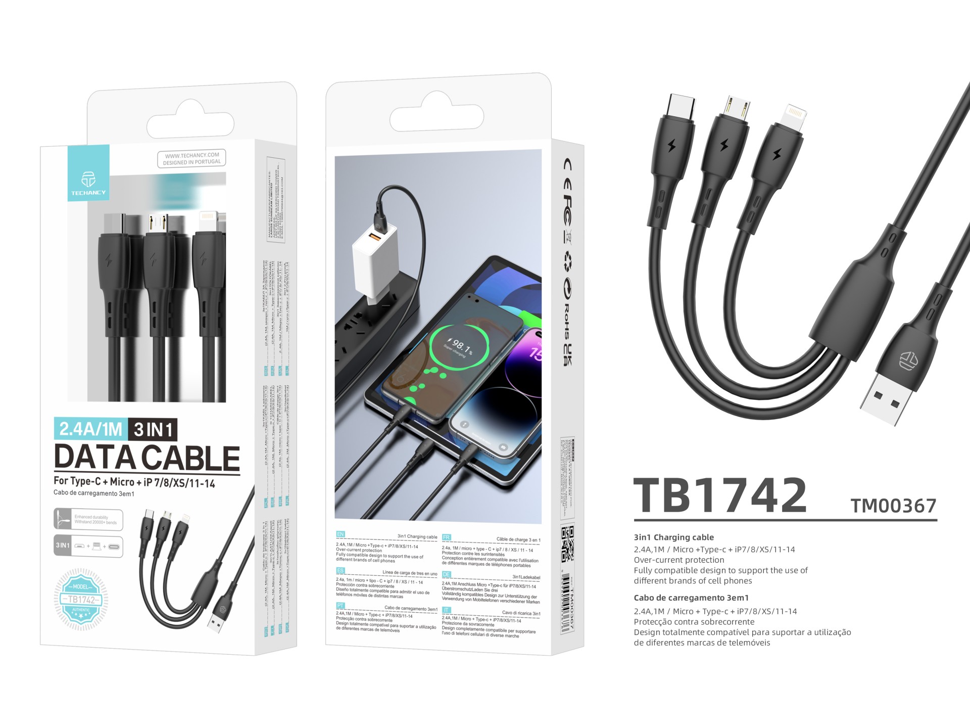 Techancy Cabo 3 em 1 TB1742, 2.4A, 1m Preto, USB-C/Micro/Lightning, CompatIvel com Dispositivos Dive