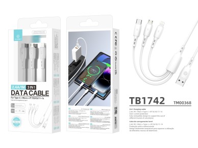 Techancy Cabo 3 em 1 TB1742, 2.4A, 1m Branco, USB-C/Micro/Lightning, CompatIvel com Dispositivos Div