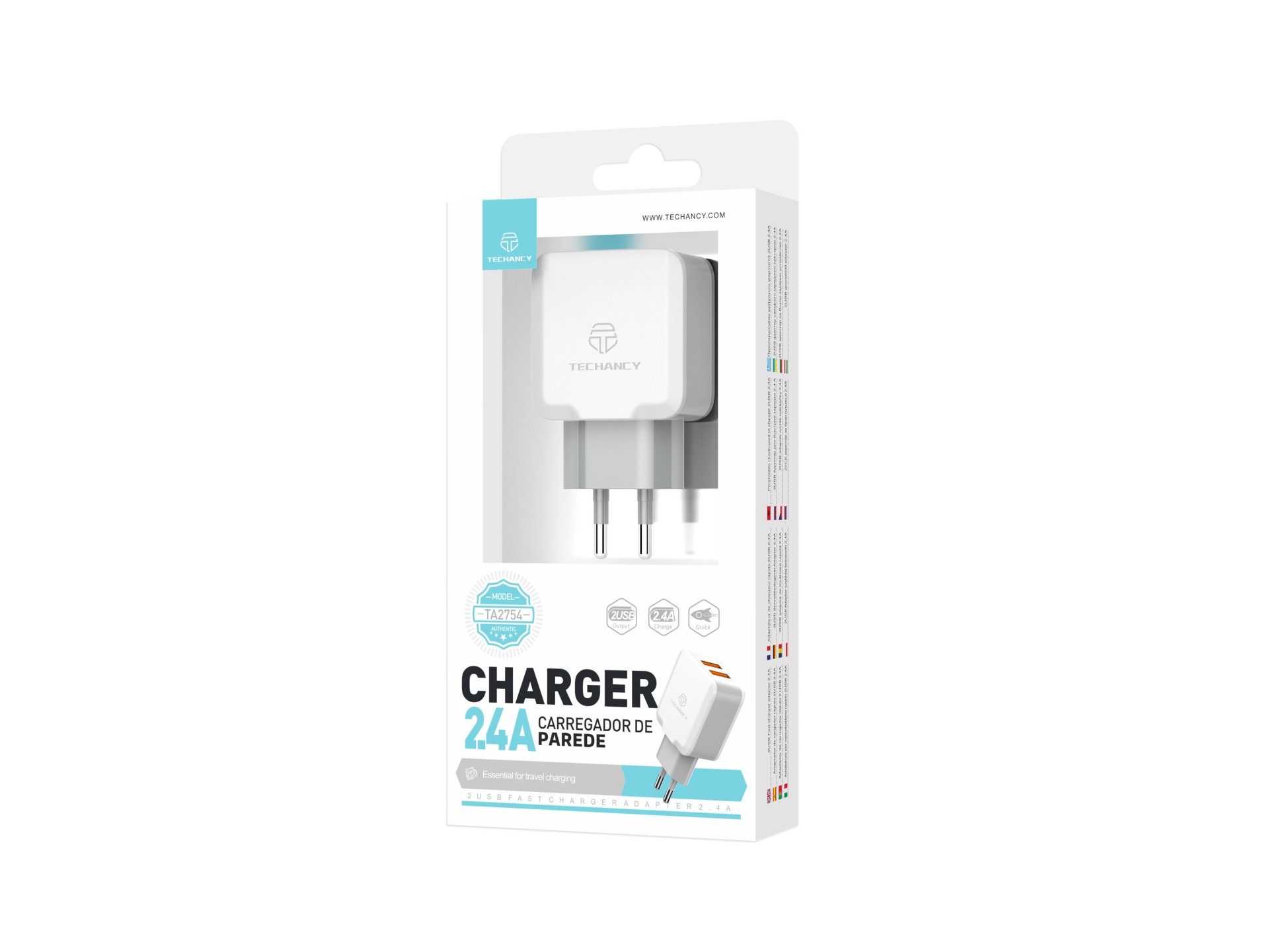 Techancy Wall Charger with Two USB Ports 2.4A White TA2754 for Fast Charging of Smartphones and Tabl