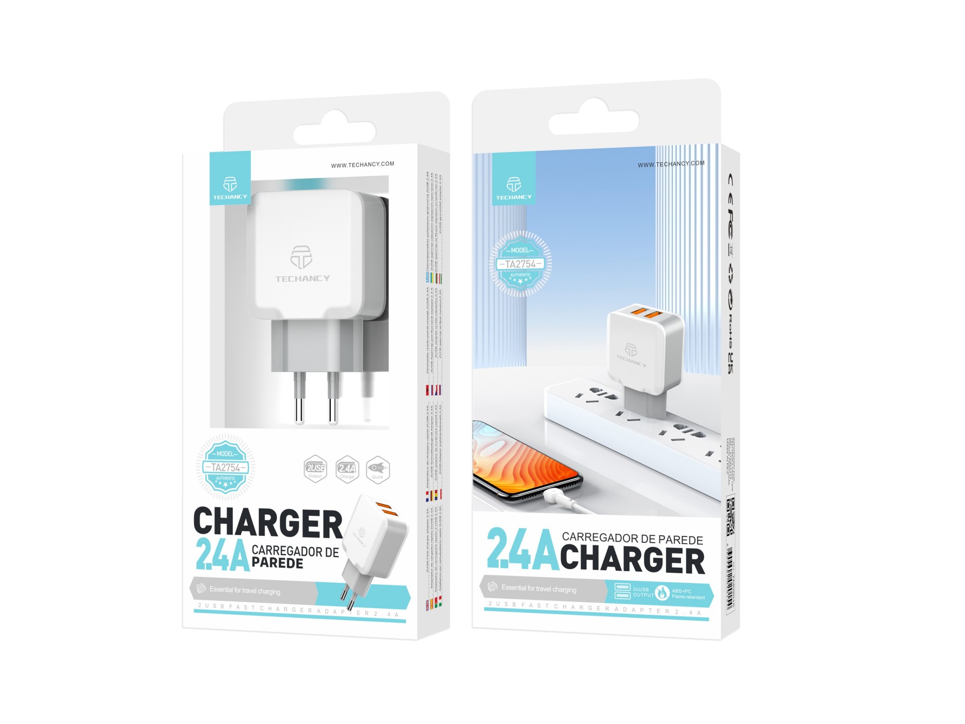 Techancy Wall Charger with Two USB Ports 2.4A White TA2754 for Fast Charging of Smartphones and Tabl