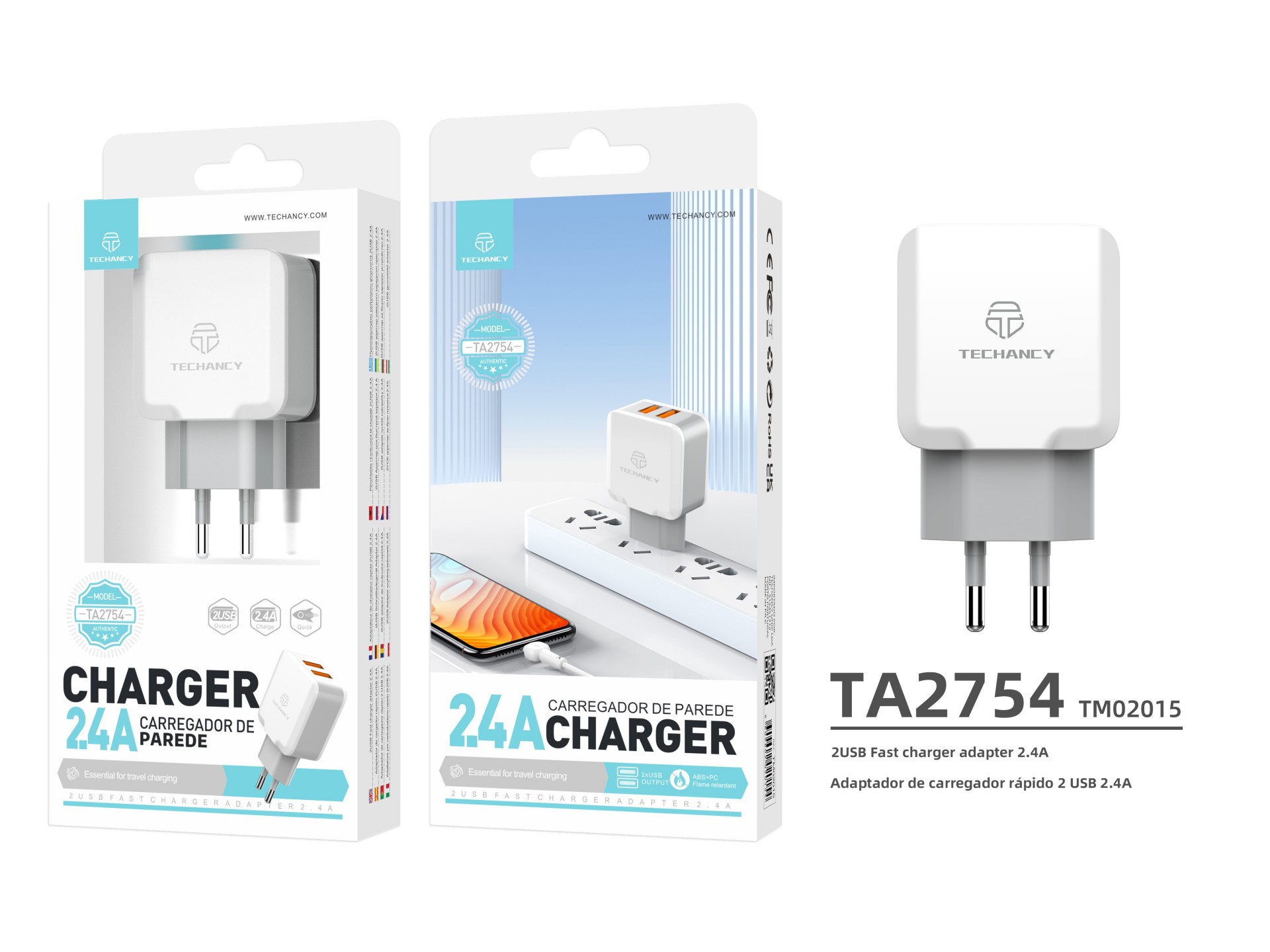 Techancy Wall Charger with Two USB Ports 2.4A White TA2754 for Fast Charging of Smartphones and Tabl