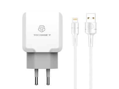 Techancy Carregador De Parede De Porta Usb Dupla 2.4A Branco TA2755 Com Conjunto De Cabos Usb-Lightn Techancy Carregador De Parede De Porta Usb Dupla 2.4A Branco TA2755 Com Conjunto De Cabos Usb-Lightn