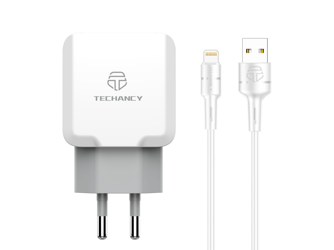 Techancy Carregador De Parede De Porta Usb Dupla 2.4A Branco TA2755 Com Conjunto De Cabos Usb-Lightn