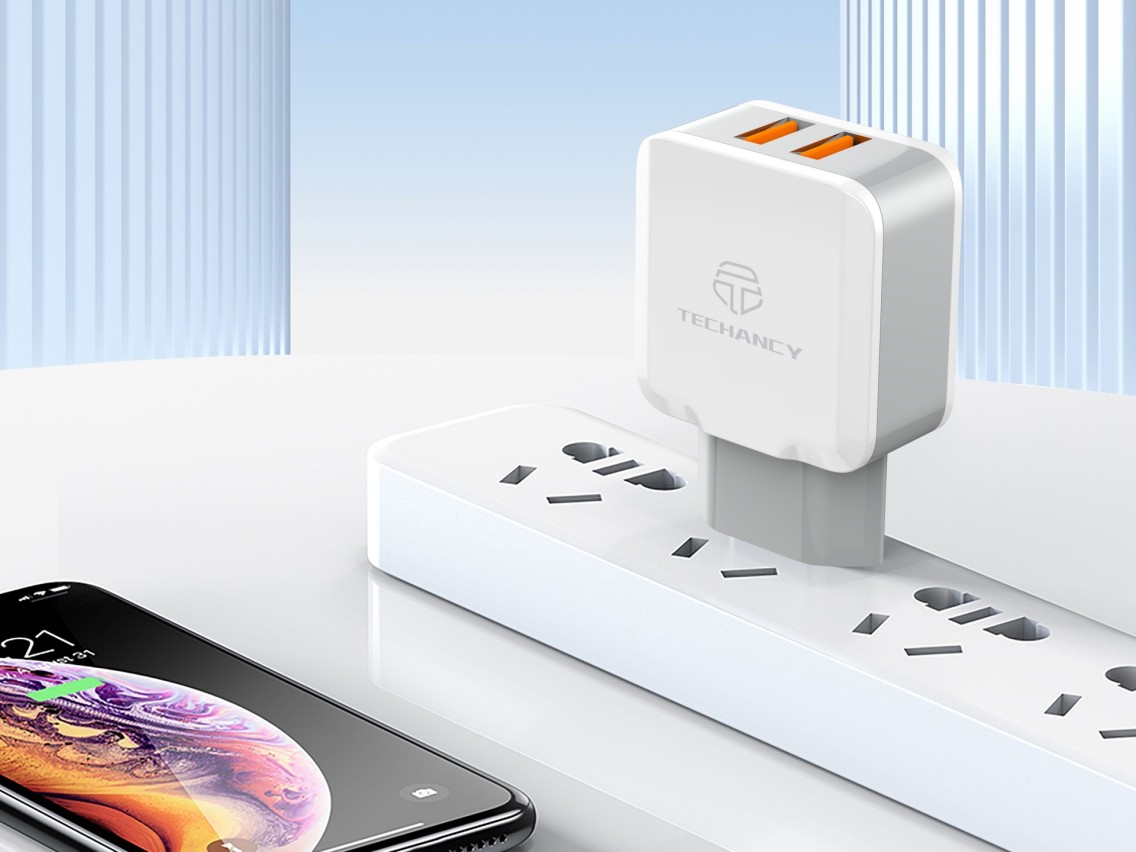 Techancy 2.4A Dual USB Port Wall Charger White TA2755 with 1m USB-Lightning Cable Set