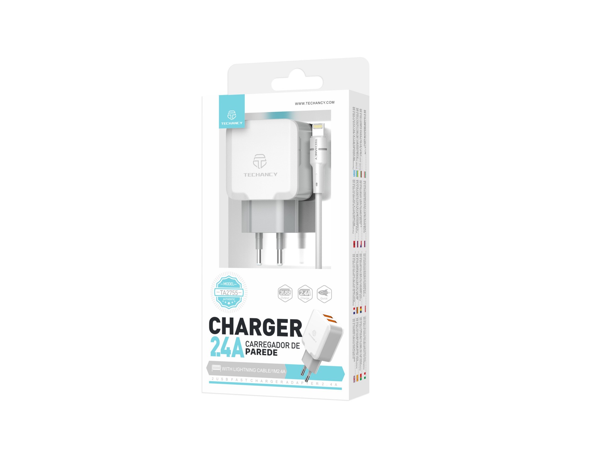 Techancy Carregador De Parede De Porta Usb Dupla 2.4A Branco TA2755 Com Conjunto De Cabos Usb-Lightn