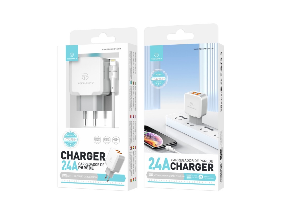 Techancy 2.4A Dual USB Port Wall Charger White TA2755 with 1m USB-Lightning Cable Set