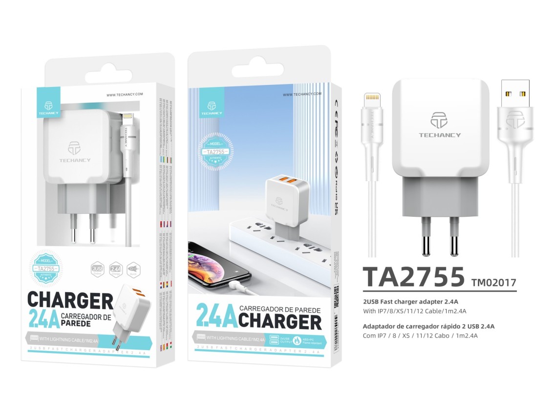 Techancy 2.4A Dual USB Port Wall Charger White TA2755 with 1m USB-Lightning Cable Set