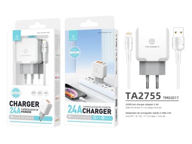 Techancy 2.4A Dual USB Port Wall Charger White TA2755 with 1m USB-Lightning Cable Set Techancy 2.4A Dual USB Port Wall Charger White TA2755 with 1m USB-Lightning Cable Set