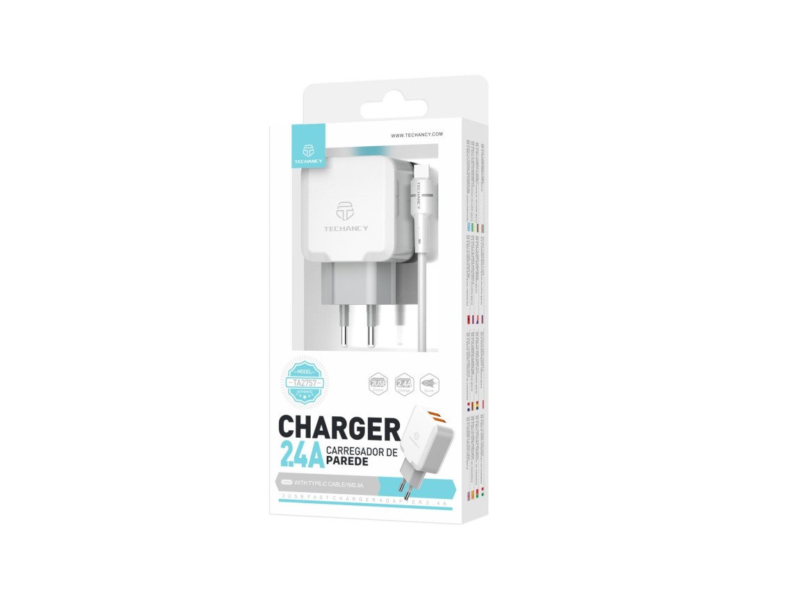 Cargador de pared Techancy de 2,4 A con dos puertos USB, blanco TA2757, con cable USB tipo C de 1 m