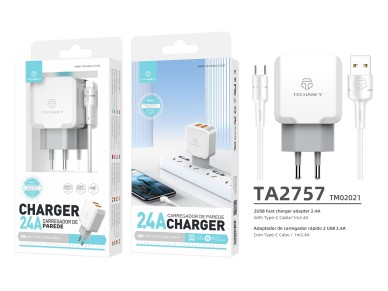 Cargador de pared Techancy de 2,4 A con dos puertos USB, blanco TA2757, con cable USB tipo C de 1 m